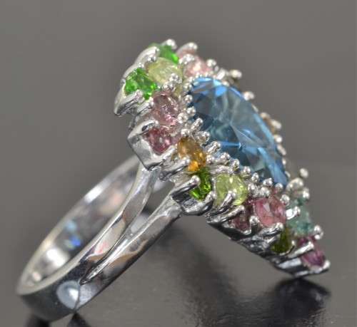 REAL TOPAZ TOURMALINE RHODOLITE & CHROME DIOPSIDE STERLING 925 SILVER RING 8.75