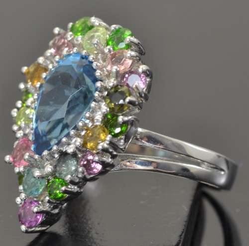REAL TOPAZ TOURMALINE RHODOLITE & CHROME DIOPSIDE STERLING 925 SILVER RING 8.75