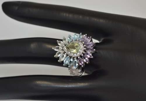 REAL LIGHT GREEN AMETHYST, TOPAZ, AMETHYST,ROSE QUARTZ & CZ 925 SILVER RING SIZE  6.75
