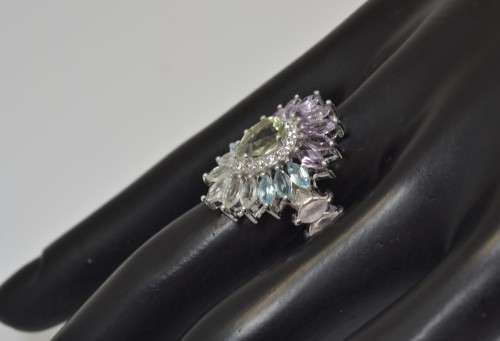 REAL LIGHT GREEN AMETHYST, TOPAZ, AMETHYST,ROSE QUARTZ & CZ 925 SILVER RING SIZE  6.75