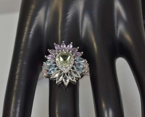 REAL LIGHT GREEN AMETHYST, TOPAZ, AMETHYST,ROSE QUARTZ & CZ 925 SILVER RING SIZE  6.75