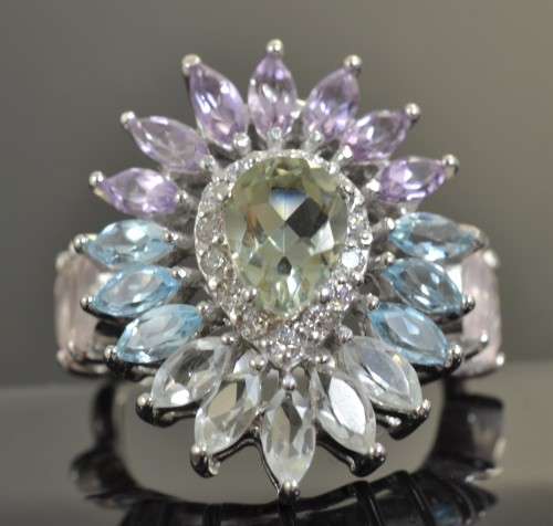 REAL LIGHT GREEN AMETHYST, TOPAZ, AMETHYST,ROSE QUARTZ & CZ 925 SILVER RING SIZE  6.75