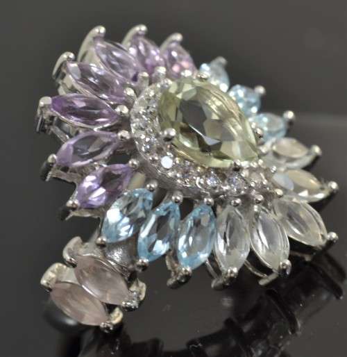 REAL LIGHT GREEN AMETHYST, TOPAZ, AMETHYST,ROSE QUARTZ & CZ 925 SILVER RING SIZE  6.75