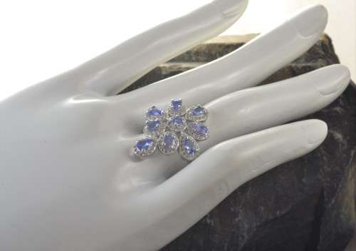 DAINTY REAL TANZANITE AND CZ 925 SILVER RING SIZE 9
