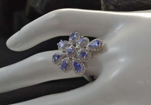DAINTY REAL TANZANITE AND CZ 925 SILVER RING SIZE 9