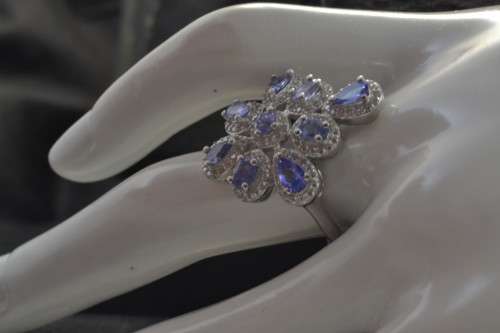 DAINTY REAL TANZANITE AND CZ 925 SILVER RING SIZE 9