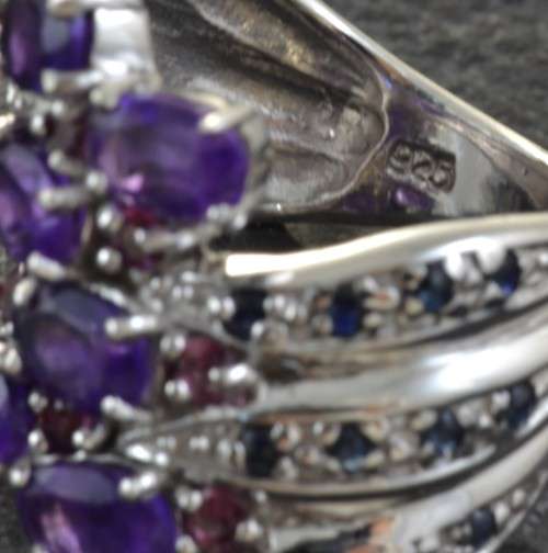 UNUSUAL DESIGN GENUINE INTENSE PURPLE AMETHYST, SAPPHIRE AND RHODOLITE GARNET SIZE 7