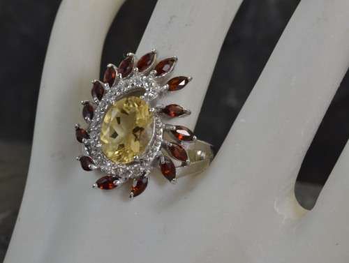NATURAL CITRINE AND GARNET 92 SILVER RING SIZE 6,75