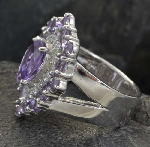 GORGEOUS COLOUR! GENUINE BRAZILIAN  AMETHYST AND CZ 925 SILVER RING SIZE 8.75