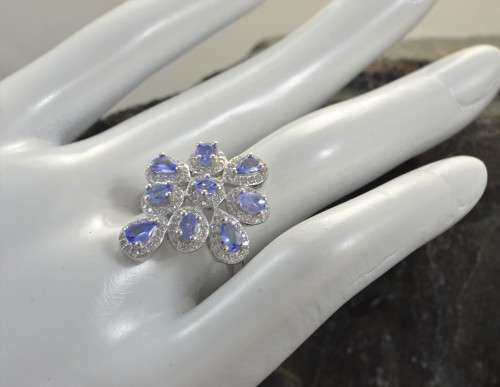 DAINTY REAL TANZANITE AND CZ 925 SILVER RING SIZE 9