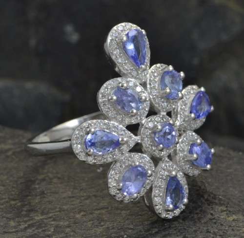 DAINTY REAL TANZANITE AND CZ 925 SILVER RING SIZE 9