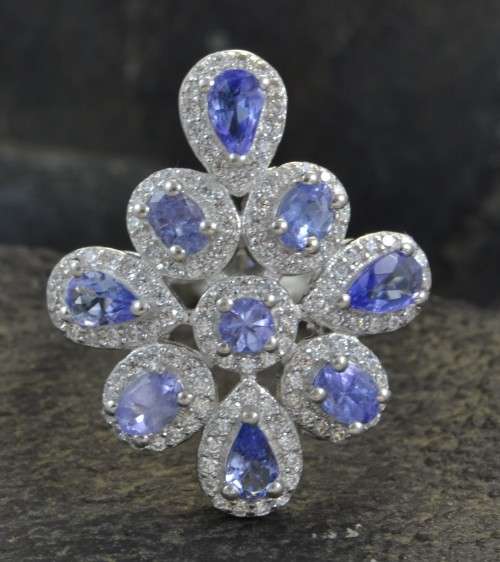 DAINTY REAL TANZANITE AND CZ 925 SILVER RING SIZE 9