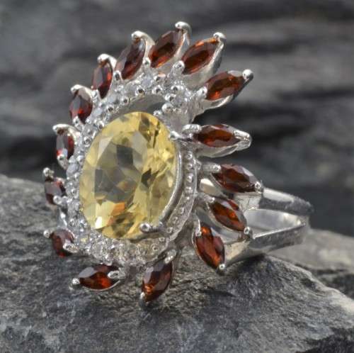NATURAL CITRINE AND GARNET 92 SILVER RING SIZE 6,75