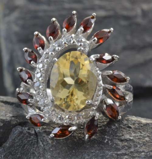 NATURAL CITRINE AND GARNET 92 SILVER RING SIZE 6,75