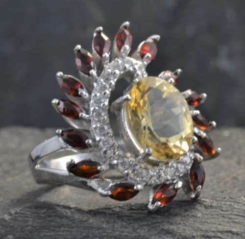 NATURAL CITRINE AND GARNET 92 SILVER RING SIZE 6,75