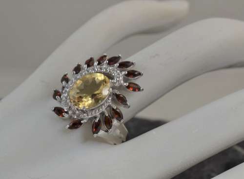 NATURAL CITRINE AND GARNET 92 SILVER RING SIZE 6,75