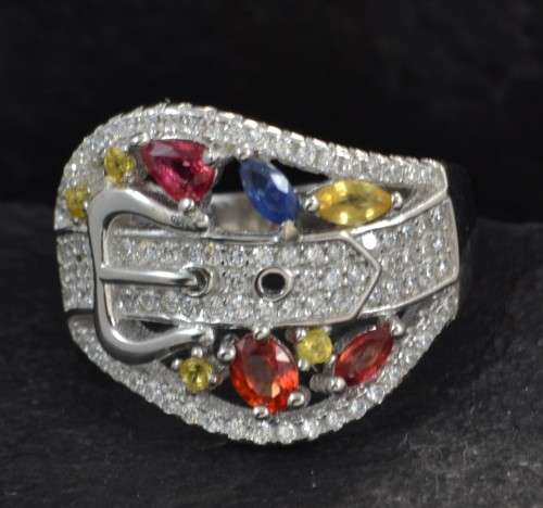 For Crystal-CityREAL FANCY SAPPHIRE BELT DESIGN 925 SILVER RING SIZE 8