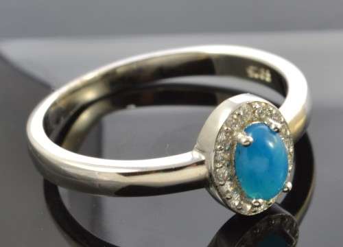 DAINTY REAL RICH BLUE FORE OPAL AND CZ 925 SILVER RING SIZE 8