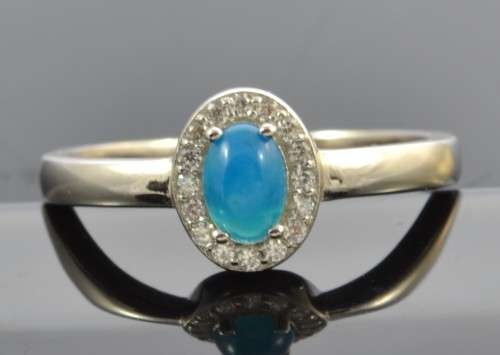DAINTY REAL RICH BLUE FORE OPAL AND CZ 925 SILVER RING SIZE 8
