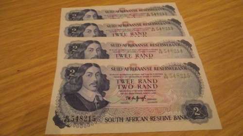 1974 : T W DE JONGH 2nd ISSUE : 4 X 2 UNC CONSECUTIVE R2 NOTES
