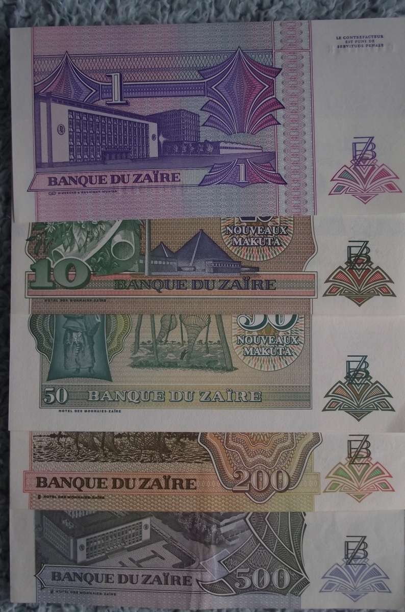 BANQUE DU ZAIRE : 5 X UNC NOTES 1993/1994