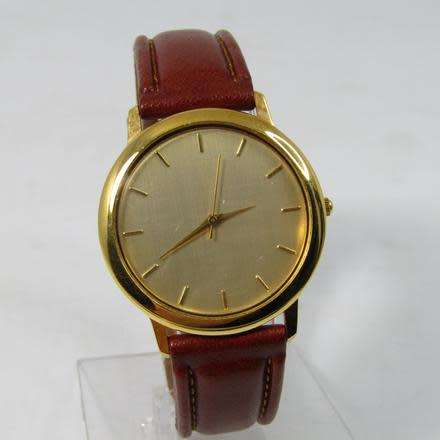 MENS GOLD PLATED ART DRESS WATCH WITH GENUINE LEATHER STRAP