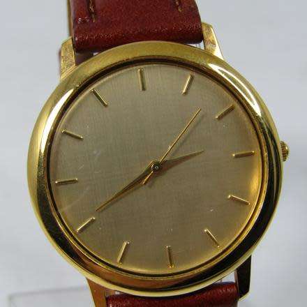MENS GOLD PLATED ART DRESS WATCH WITH GENUINE LEATHER STRAP