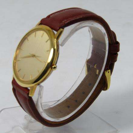 MENS GOLD PLATED ART DRESS WATCH WITH GENUINE LEATHER STRAP