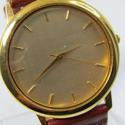 MENS GOLD PLATED ART DRESS WATCH WITH GENUINE LEATHER STRAP