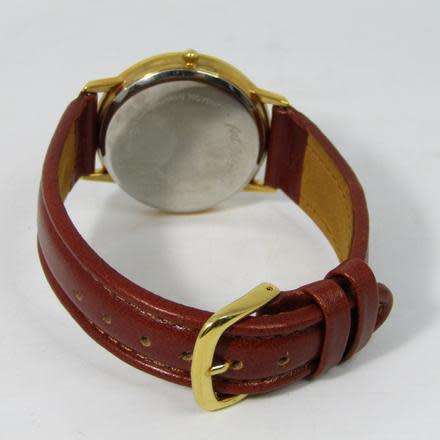 MENS GOLD PLATED ART DRESS WATCH WITH GENUINE LEATHER STRAP