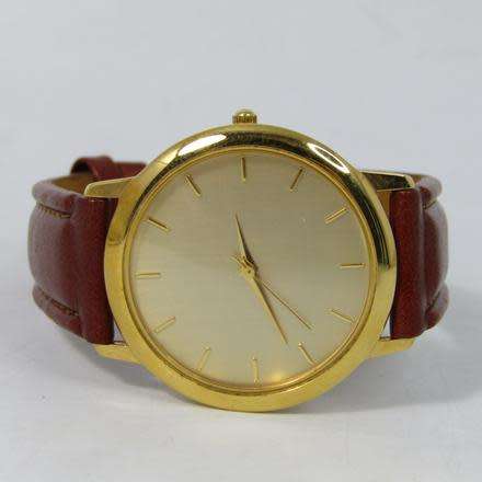MENS GOLD PLATED ART DRESS WATCH WITH GENUINE LEATHER STRAP