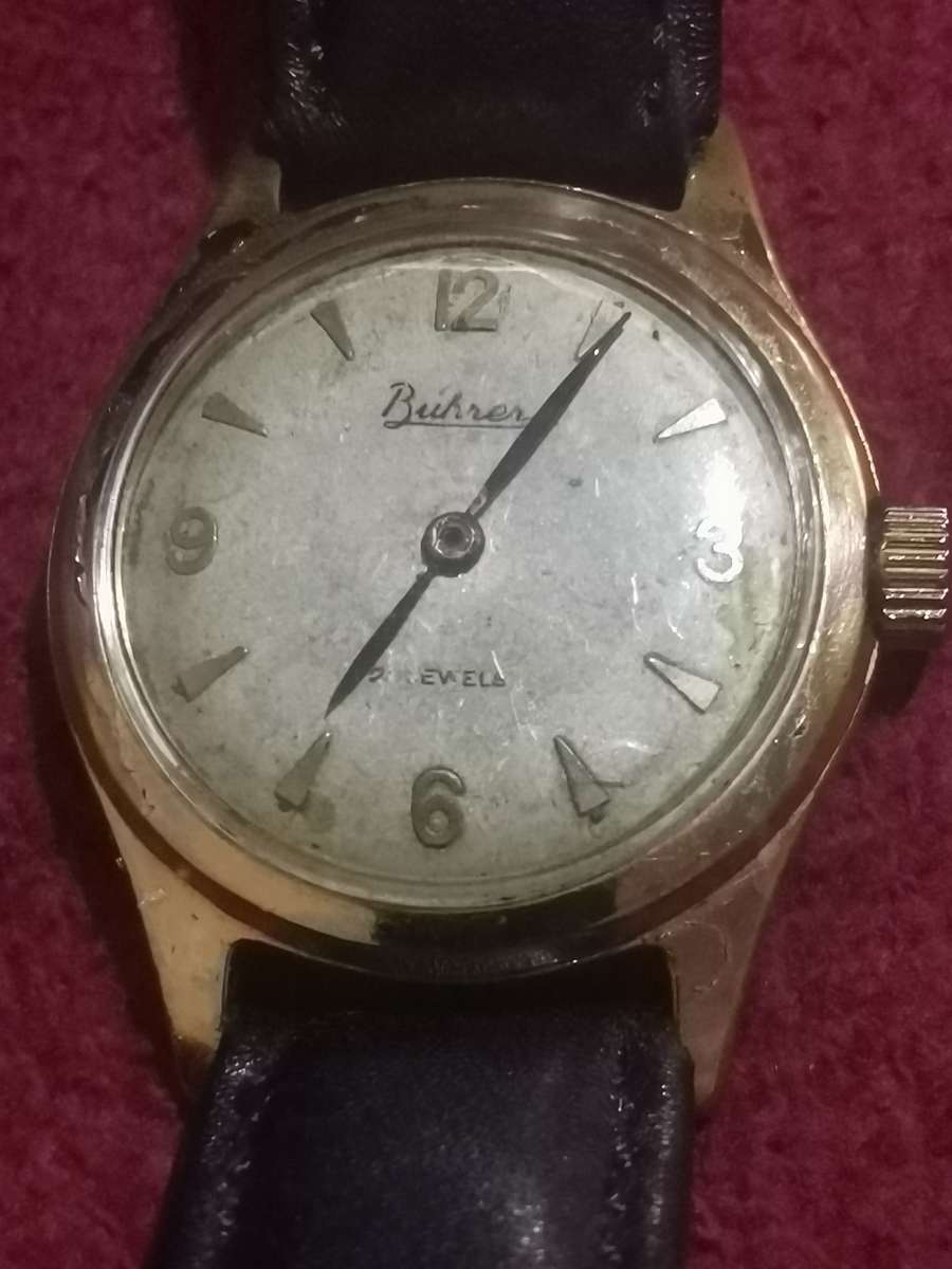 VINTAGE MID-CENTURY BUHRER 21 JEWELS MENS  20 MICRON GOLD SWISS WATCH