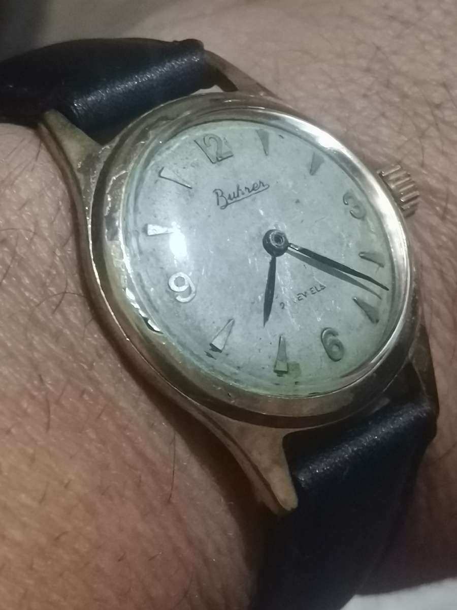 VINTAGE MID-CENTURY BUHRER 21 JEWELS MENS  20 MICRON GOLD SWISS WATCH