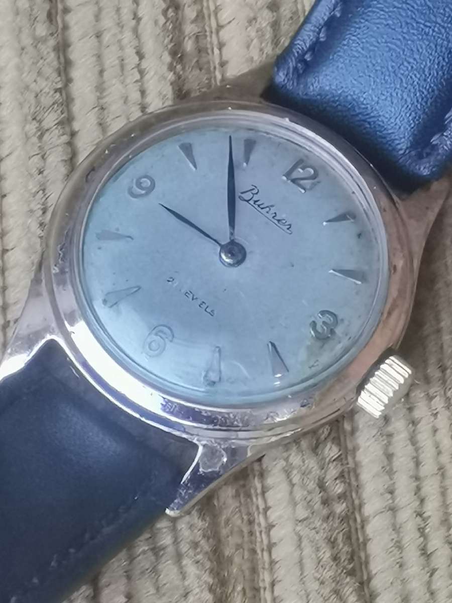 VINTAGE MID-CENTURY BUHRER 21 JEWELS MENS  20 MICRON GOLD SWISS WATCH