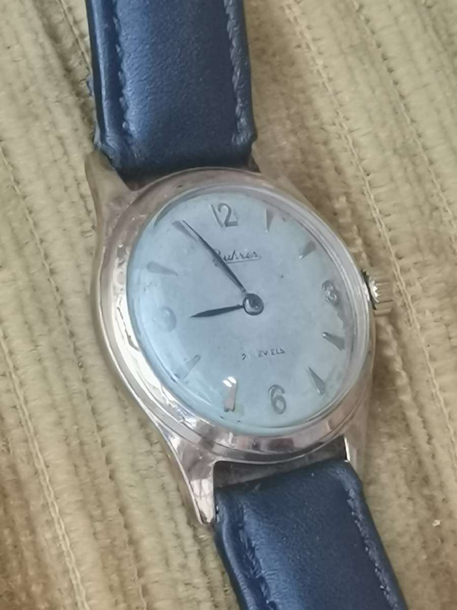 VINTAGE MID-CENTURY BUHRER 21 JEWELS MENS  20 MICRON GOLD SWISS WATCH