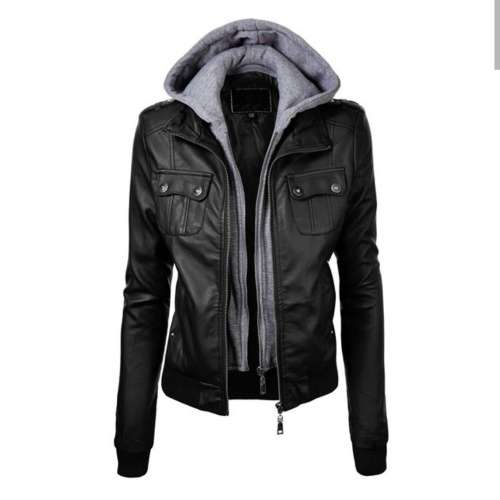 Black Hooded Leather Jacket for Women