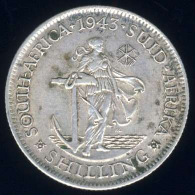 1943 Shilling coin, 1/-, South Africa, Silver, George VI , No reserve