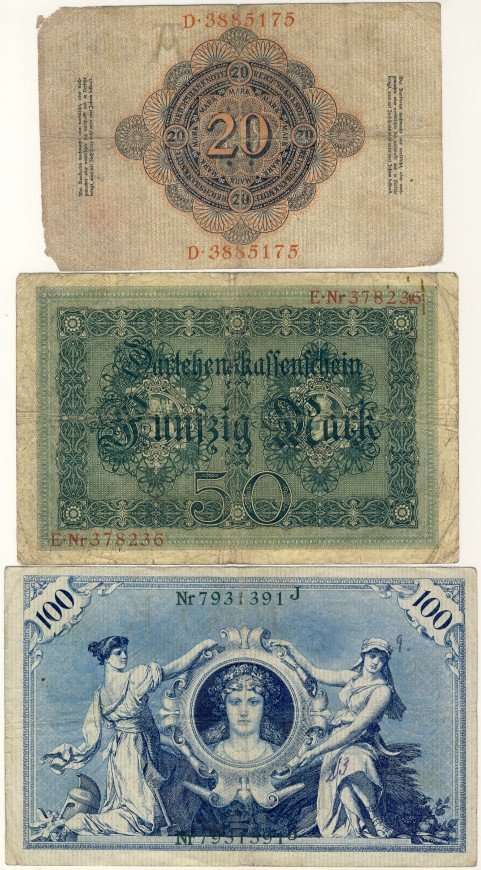 Germany - 4 Note Set , 1908 - 1914, 20 to 1000 Mark Banknote Set