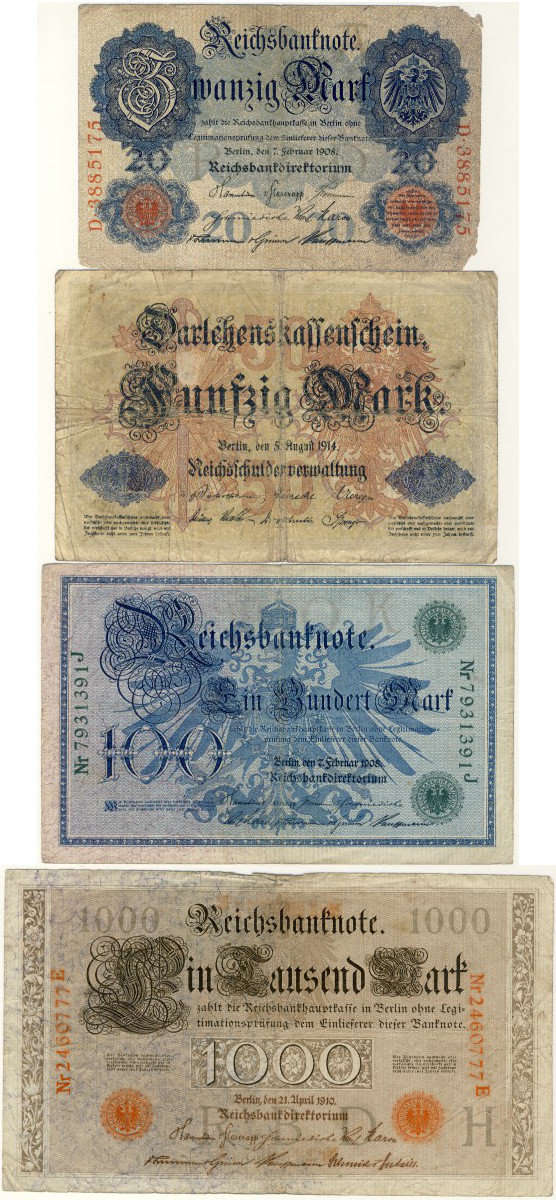 Germany - 4 Note Set , 1908 - 1914, 20 to 1000 Mark Banknote Set
