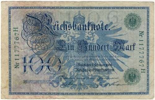 Germany - 100 Mark , 1908, One Hundred Mark Note, p34 Green