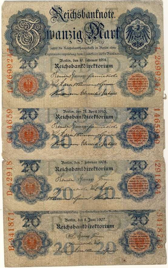 Germany - 20 Mark, 1908 to 1914 Variants, 4 x Twenty Mark Notes