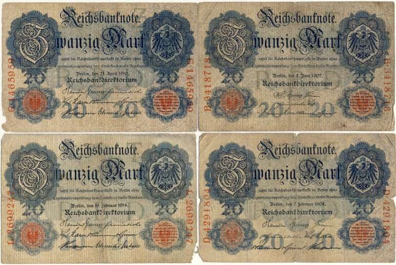 Germany - 20 Mark, 1908 to 1914 Variants, 4 x Twenty Mark Notes