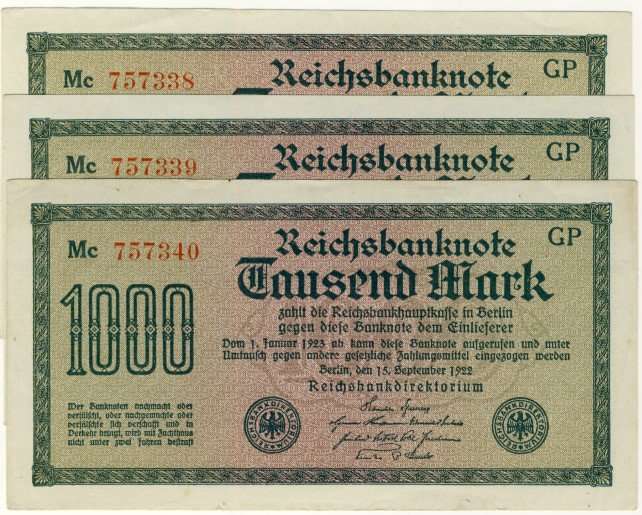 Germany - 1000 Mark 3x Consecutive Serial Numbers, 1922, One Thousand Mark Note, p76 g