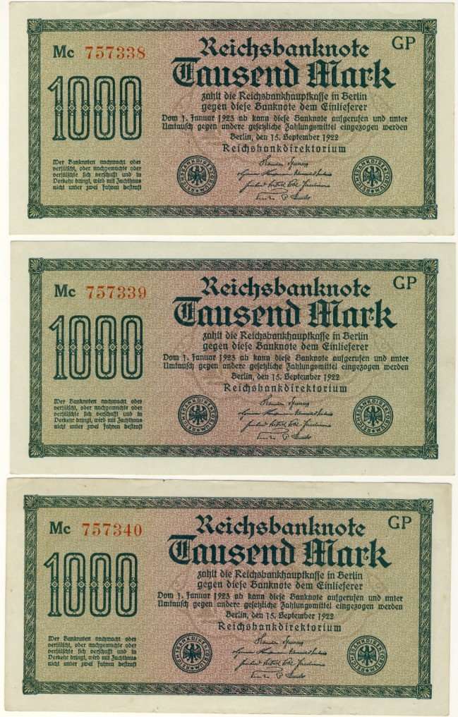Germany - 1000 Mark 3x Consecutive Serial Numbers, 1922, One Thousand Mark Note, p76 g