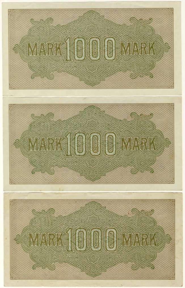 Germany - 1000 Mark 3x Consecutive Serial Numbers, 1922, One Thousand Mark Note, p76 g