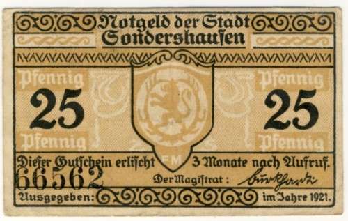 Notgeld 1914 - 1921, 25 Pfennig, Germany -  Sondershausen
