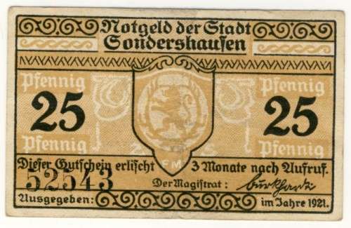 Notgeld 1914 - 1921, 25 Pfennig, Germany -  Sondershausen