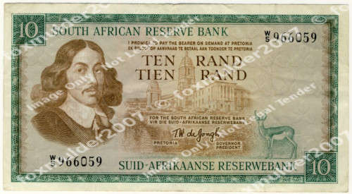 R10 , T. W de Jongh, 1tst series Replacement , Ten Rand note, 1967, no reserve