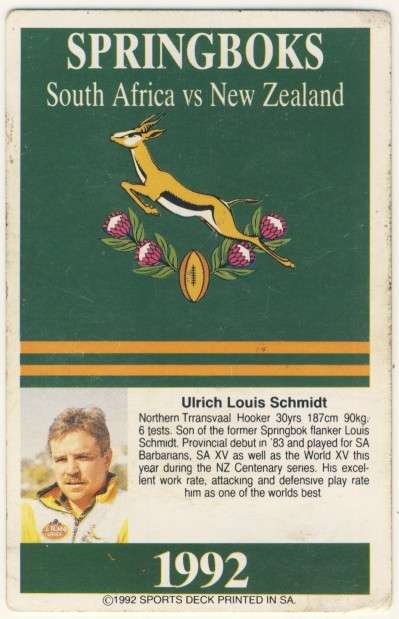 Sports Deck 1992 SA vs New Zealand, Uli Schmidt, Springboks # 2, Trading Card