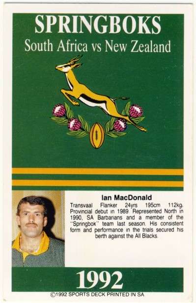 Sports Deck 1992 SA vs New Zealand, Ian Mac Donald, Springboks # 7, Trading Card